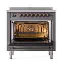 Matte graphite induction range with bronze-trim oven door open and control knobs