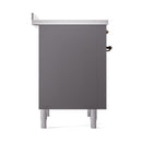 Matte graphite solid oven door panel with bronze side hinges and gray feet
