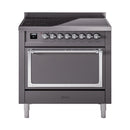 Matte graphite induction range with closed oven door, chrome handle and control panel