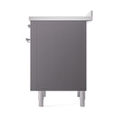 Matte graphite range side view with chrome knobs and adjustable legs