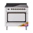 White induction range with bronze-trimmed door and brass control knobs