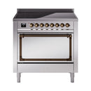 ILVE Nostalgie II induction range with closed oven door, bronze control knobs and stainless steel