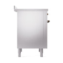 ILVE Nostalgie II induction range stainless steel side panel with bronze handle hardware