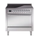 Stainless steel induction range with solid door and control panel across the front