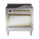 36-inch induction range with stainless body, solid door, brass trim and control panel