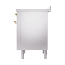 Stainless range side panel with brass handle trim and tall leveling legs