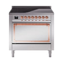 Stainless steel induction range front with copper-trimmed knobs and oven window