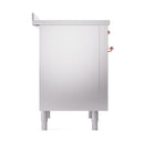 Stainless steel induction range side panel with copper handle accents and leveling legs