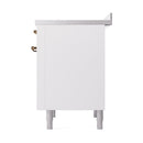 White side panel of freestanding induction range with bronze handle hardware and legs