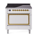 White induction range with solid brass-trimmed oven door and gold control knobs