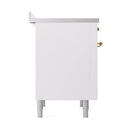 White solid door panel with brass hinge hardware and gray top rail on range