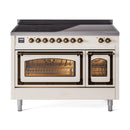 Antique white induction range with bronze-trimmed oven doors, stovetop front view