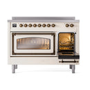 Antique white induction range with bronze-trimmed triple glass oven doors, side view with racks