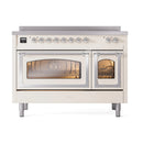 Antique white induction range with one large oven and one smaller compartment open, chrome trim.
