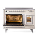 Antique white induction range with triple glass oven doors, chrome trim, and control knobs.