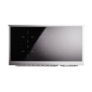Induction range front panel with black glass and light button/indicator markings.