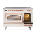 Antique white induction range with copper trim; left oven door open, right door open