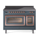 Blue gray induction range with open oven doors, copper trim, and twin oven windows