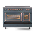 Blue gray induction range front with copper trim, triple glass doors, and knob row