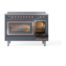 Blue gray induction range with copper-trimmed triple glass doors and round control knobs