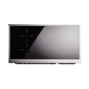 Glossy black cooktop glass panel with white measurement lines and control markings.