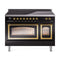 ILVE Nostalgie II Noblesse 48-Inch 5.02 Cu. Ft. Dual Oven Induction Range with 6 Elements and Triple Glass Door in Glossy Black with Brass Trim (UNI486NMPBKG)