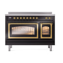 Glossy black induction range with triple glass doors and brass trim, front view