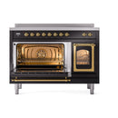Induction range with open triple glass doors and brass trim, showing oven compartments