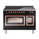 Glossy black induction range with copper-trimmed oven doors and control knobs