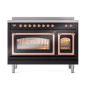 Glossy black induction range with copper-trimmed triple glass oven doors