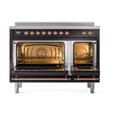 Induction range with both oven doors open, copper-trimmed frames and wire racks