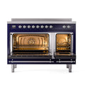 ILVE induction range with both oven doors open, chrome handles and visible racks