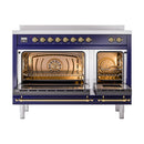 Midnight blue ILVE induction range with triple glass doors open and brass trim
