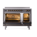 48-inch induction range with both ovens open and glowing racks, matte graphite and bronze trim
