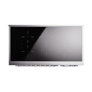 Induction range oven door with dark glass panel and silver frame
