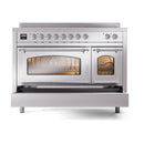 Induction range with left oven door open and glass windows, front view