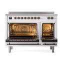 White 48-inch induction range with bronze trim; open ovens with triple-glass doors