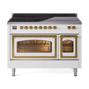 White induction range front view with brass controls and dual glass oven doors