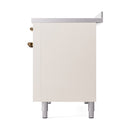 Antique white range side cabinet with bronze hinge details and leveling feet