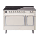 ILVE induction range with closed dual oven doors, antique white body and chrome knobs