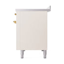 Antique white induction range side panel with brass trim and adjustable feet