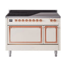 Antique white induction range with copper-trim control knobs and two oven doors