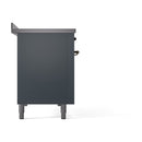 Blue grey induction range side panel with black knobs and four leveling feet