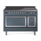 ILVE Nostalgie II Noblesse 48-Inch 5.02 Cu. Ft. Dual Oven Induction Range with 6 Elements and Solid Door in Blue Grey with Chrome Trim (UNI486QNMPBGC)