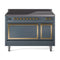 ILVE Nostalgie II Noblesse 48-Inch 5.02 Cu. Ft. Dual Oven Induction Range with 6 Elements and Solid Door in Blue Grey with Brass Trim (UNI486QNMPBGG)