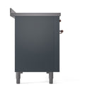 Blue-grey range side with solid door and copper-toned control knobs