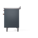 Blue-grey range with solid side panel and copper-toned knobs