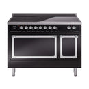 Black induction range with open ovens and front control knobs