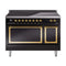 ILVE Nostalgie II Noblesse 48-Inch 5.02 Cu. Ft. Dual Oven Induction Range with 6 Elements and Solid Door in Glossy Black with Brass Trim (UNI486QNMPBKG)
