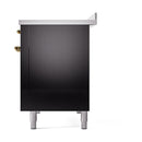 Black oven cabinet front panel with brass knob trim and silver leveling feet